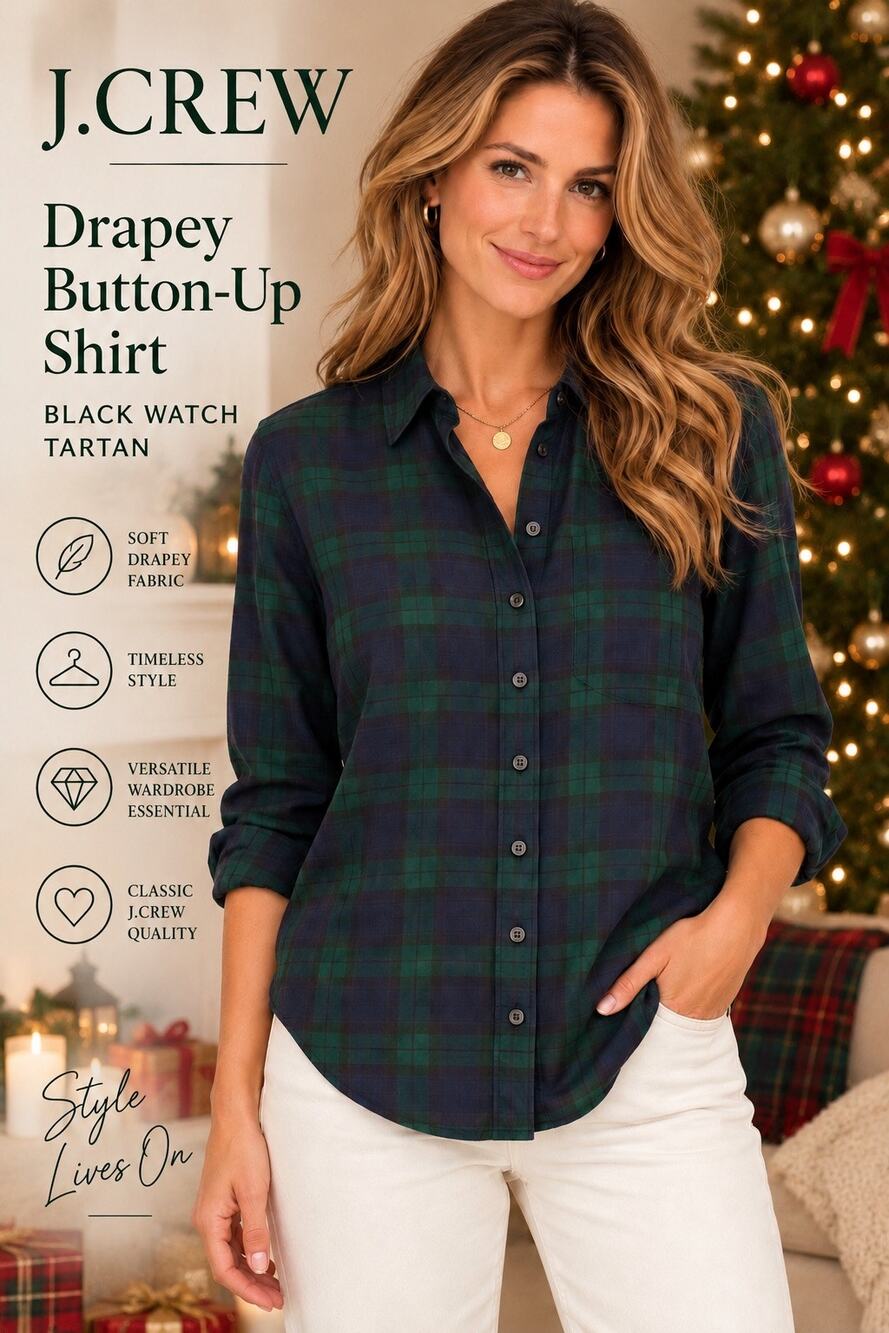 Heritage Preppy Holiday Black Watch Tartan J.Crew Drapey Button Up Shirt NWT XS
